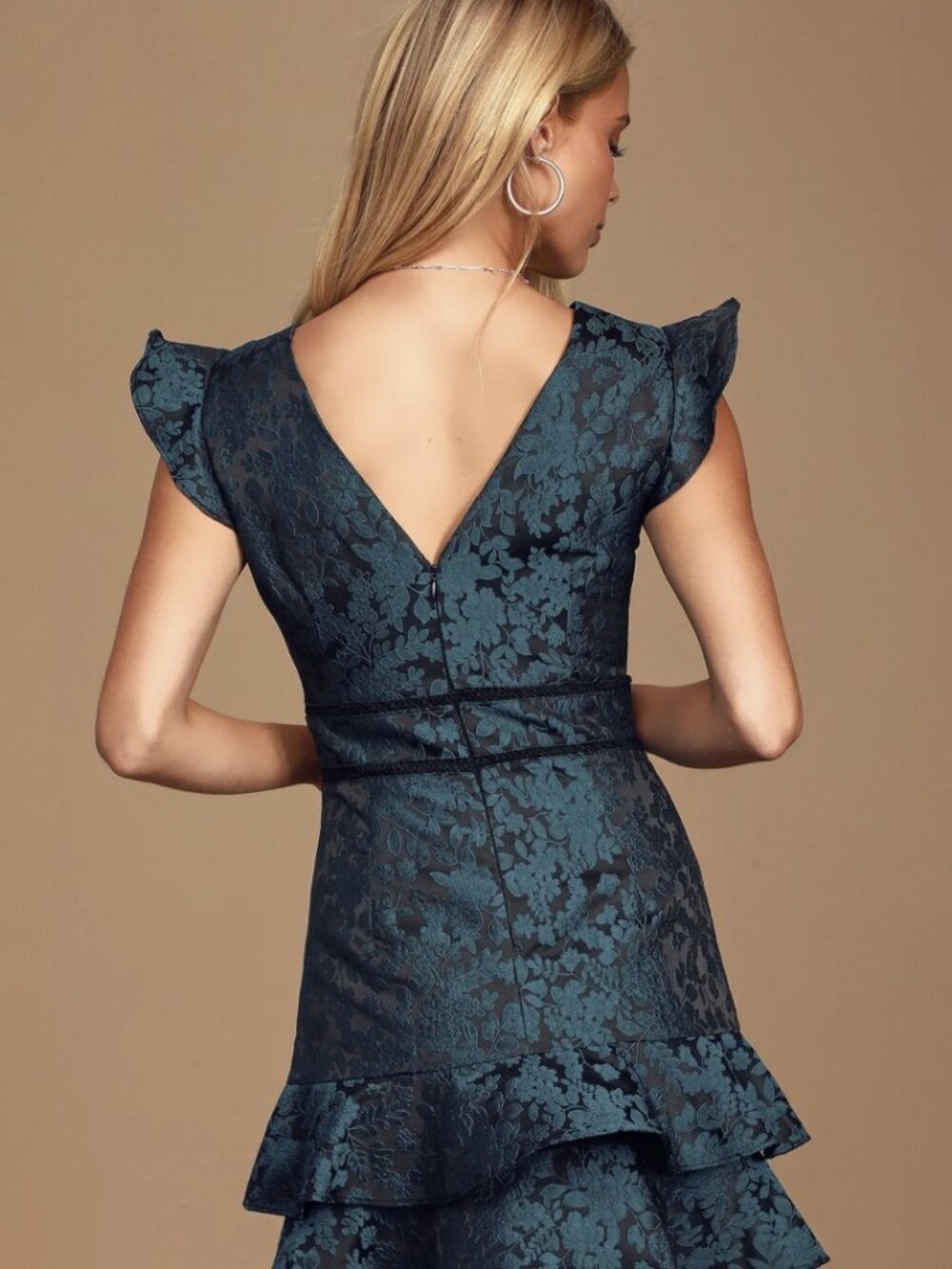 Lulus Surprise Me Teal Blue and Black Jacquard Ruffled Mini Dress NWT - Picture 3 of 9